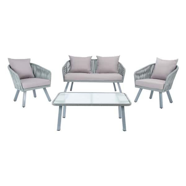 SAFAVIEH Jorda Gray 4-Piece Wicker Patio Conversation Set with Gray Cushions
