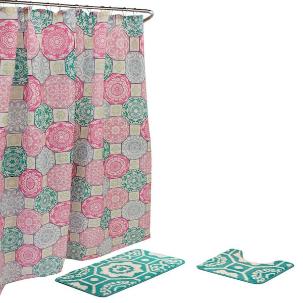 Bath Fusion Addison 30 in. L x 18 in. W 15-Piece Bath Rug and Shower Curtain Set in Pink and Blue