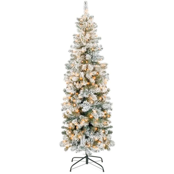 antsku 6ft flocked christmas tree prelit, frosted christmas tree with snow  and lights, artificial christmas tree