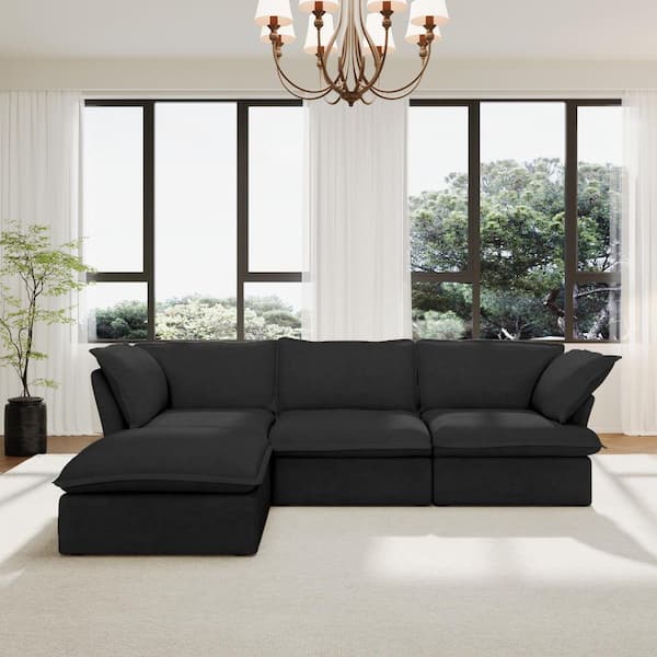 J&E Home 122.8 in. Flared Arm Linen Oversized L Shaped Down Sofa Living Room Couch with Storage Ottoman in Black