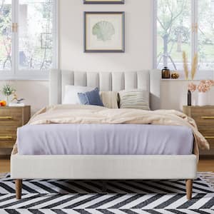 58.7 in. W W Cream Full Size Wood Frame Upholstered Platform Bed With Vertical Channel Tufted Headboard