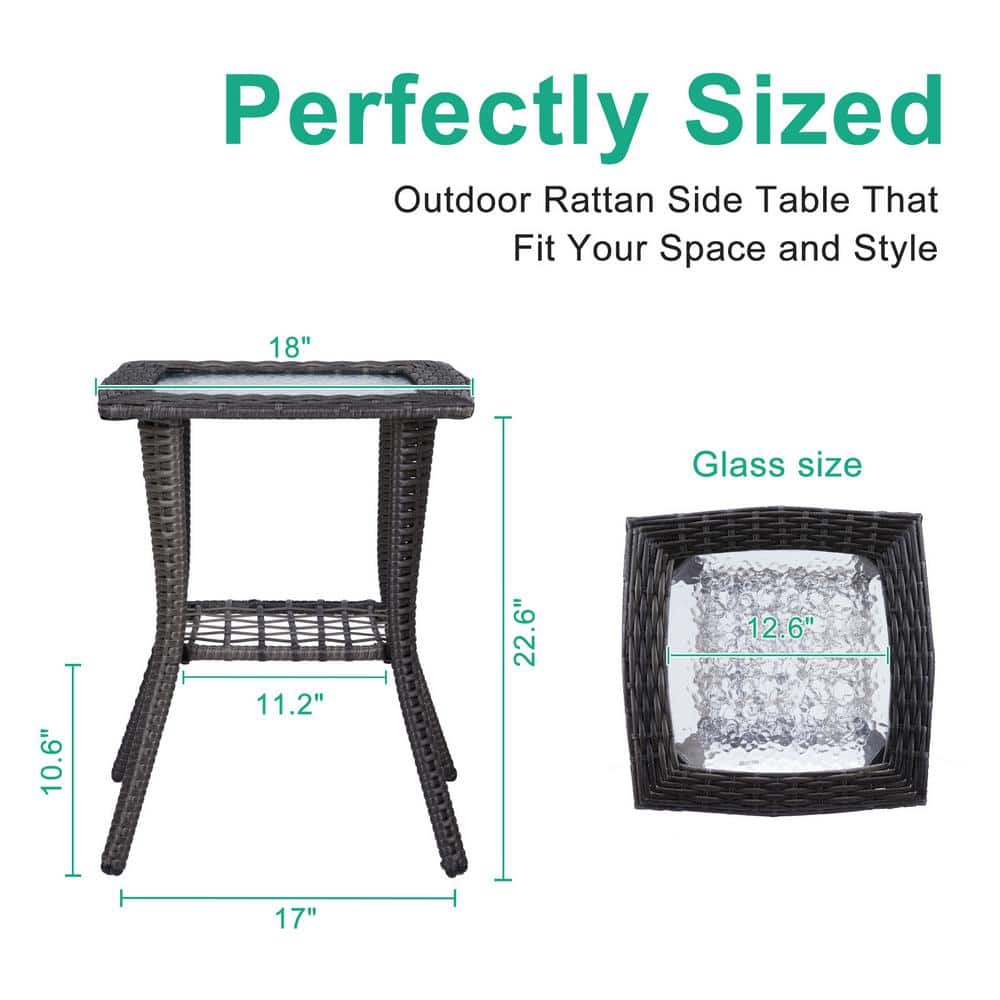 Gray Wicker Outdoor End Table with Glass Top and Storage Shelf