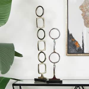 Silver Aluminum Stacked Geometric Rings Abstract Sculpture with Black Marble Bases (Set of 2)