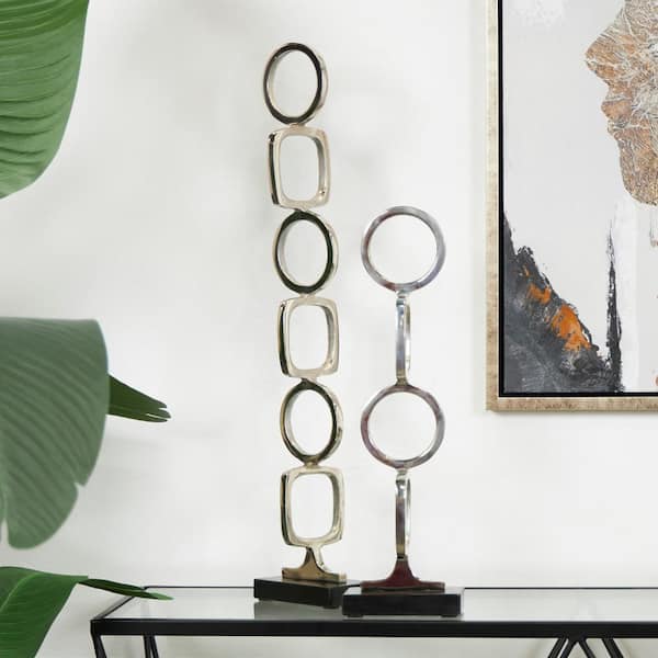 Litton Lane Silver Aluminum Stacked Geometric Rings Abstract Sculpture with Black Marble Bases (Set of 2)