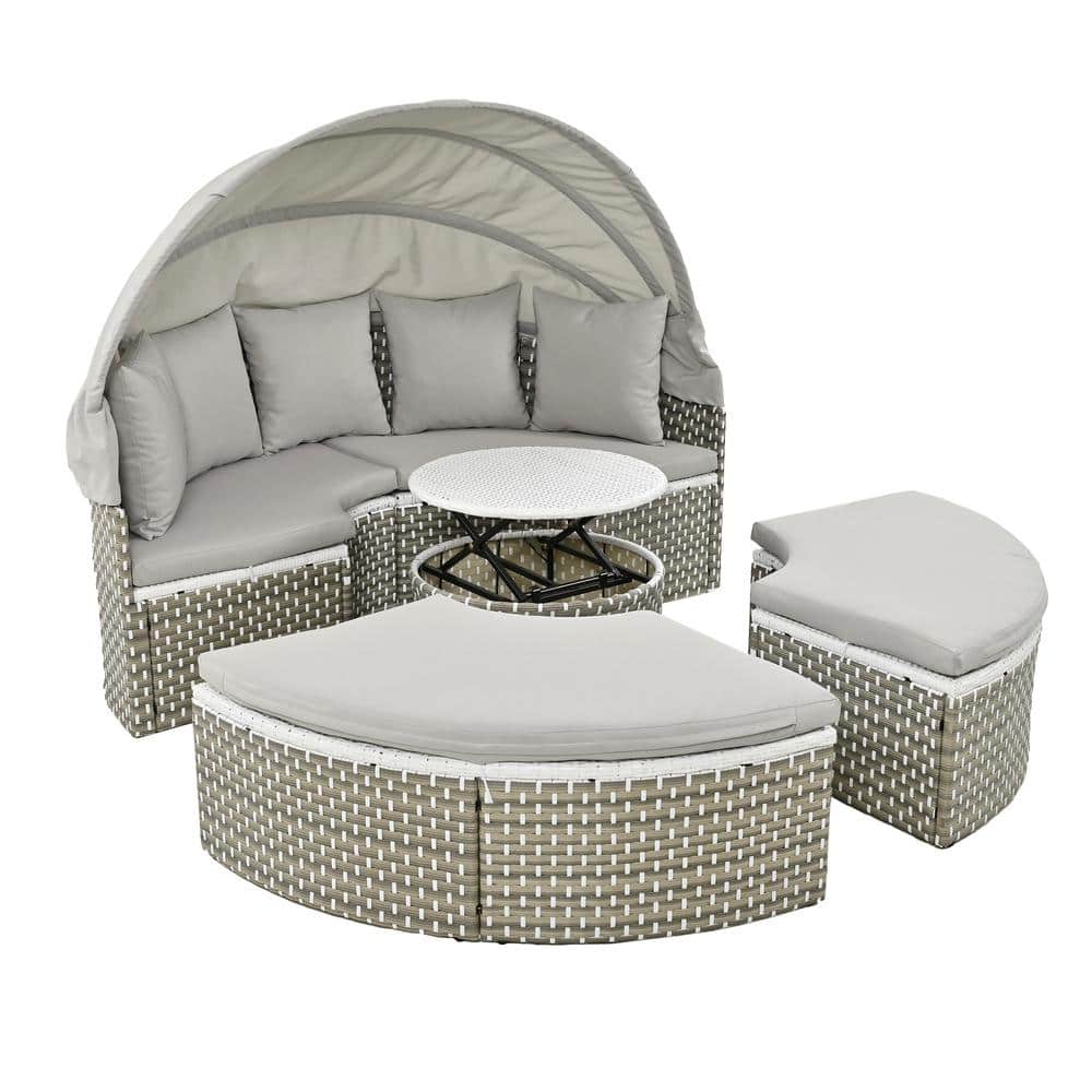4-Piece Wicker Outdoor 2-Tone Weave Day Bed Patio Sectional Set with Retrac
