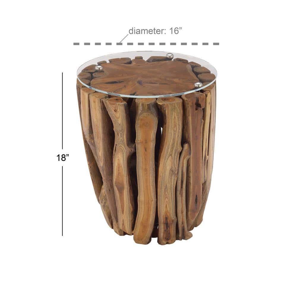 Rustic Brown Teak Wood Round Accent Table with Glass Top