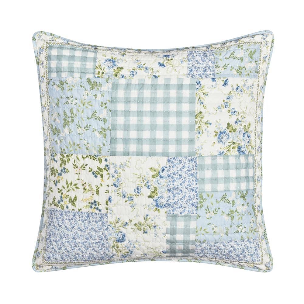 Kara Blue Cotton Floral 20 in. Square Quilted Decorative Throw Pillow 20 in