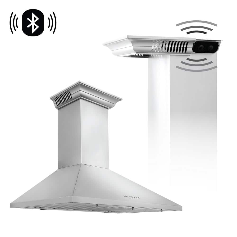 ZLINE Kitchen and Bath 36 in. 400 CFM Ducted Vent Wall Mount Range Hood in Stainless Steel with Built-in CrownSound Bluetooth Speakers, Brushed 430 Stainless Steel