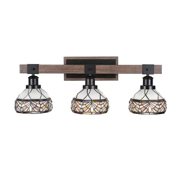 Unbranded Richmond 27.25 in. 3-Light Vanity Light Matte Black and Painted Wood-look Metal with 7 in. Art Glass no bulbs included