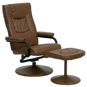 Contemporary Palomino Leather Recliner and Ottoman with Leather Wrapped Base