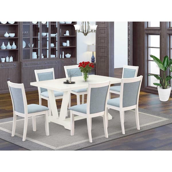 East West Furniture 7-Piece Wire Brushed Linen White Finish Solid Wood Top Dining Table with 6 Chairs with Lattice Back