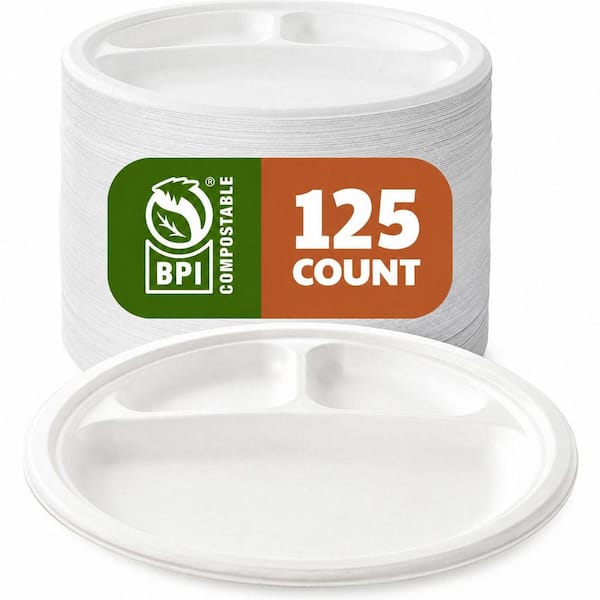 10 in. White Disposable Bagasse 3-Compartment Plates Disposable Tableware Product Type (125 Per Case)