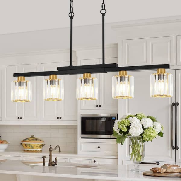 ZSMIHDOH 5-Light Black Kitchen Island Chandelier with Crystal Glass Shades for Dining Room