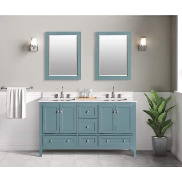 Beverly 61 in. Double Sink Aegean Teal Bath Vanity with White Engineered Marble Top (Assembled)