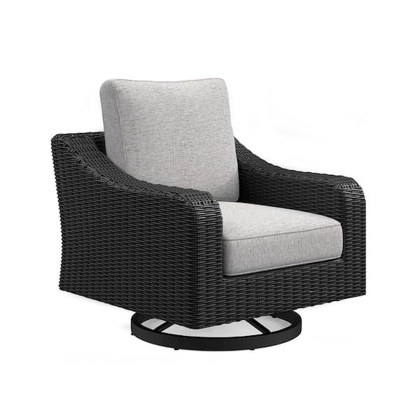 Tira Black Resin Wicker Outdoor Swivel Lounge Chair with Gray Cushion