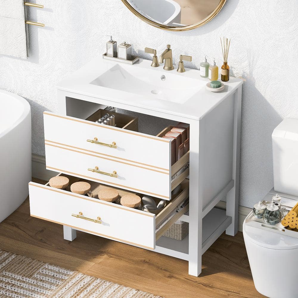 White and Gold Freestanding Single Sink Vanity with Ceramic Top