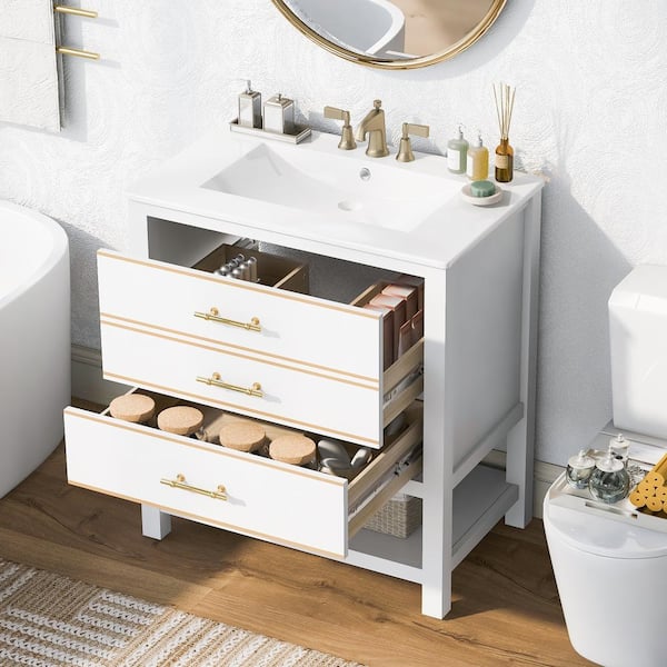 30 in. W Single Sink Freestanding Bath Vanity in White with White Ceramic Top and 2-Drawers, Open Storage