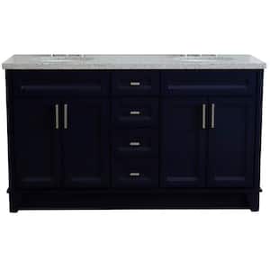 61 in. W x 22 in. D Double Bath Vanity in Blue with Granite Vanity Top in Gray with White Oval Basins
