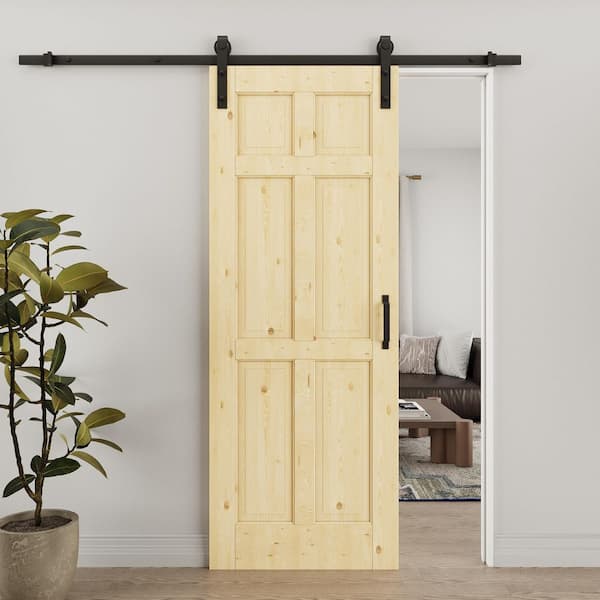 30 in. x 80 in. 6-Panel Unfinished Solid Core Pine Wood Sliding Barn Door with Hardware Kit