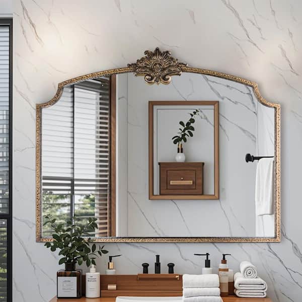 36 in. W x 29 in. H Ornate Baroque Arched Vintage Gold Framed Wall Bathroom Vanity Mirror Dresser Decorative Mirror