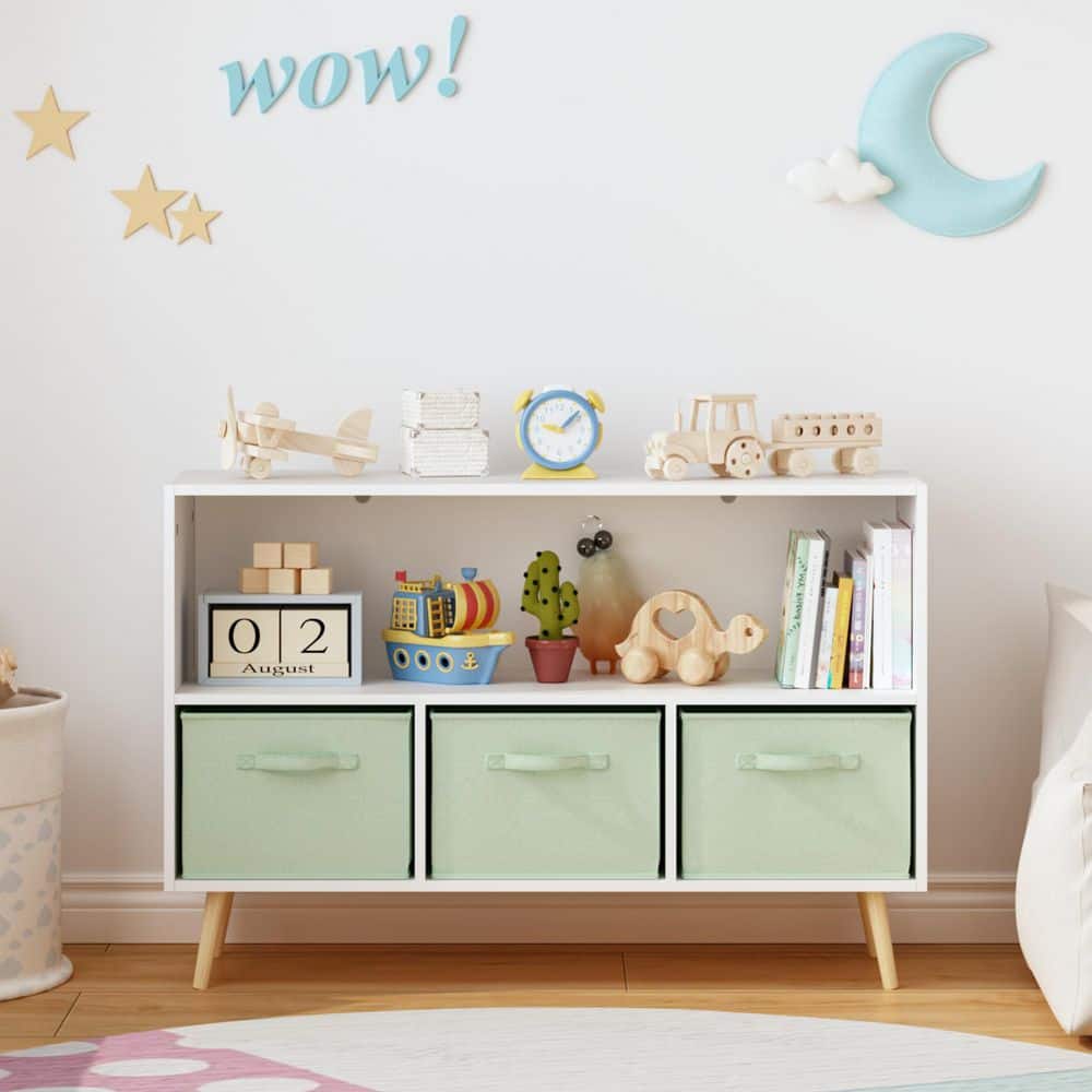 35.43 in. W White MDF Wood Freestanding Kids Bookcase with Green Fabric Drawers and Open Display Shelf