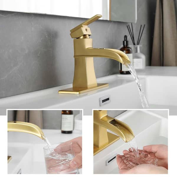 Waterfall Single Hole Single Handle Low Arc Bathroom Faucet with Deckplate and Drain Kit in Brushed Gold