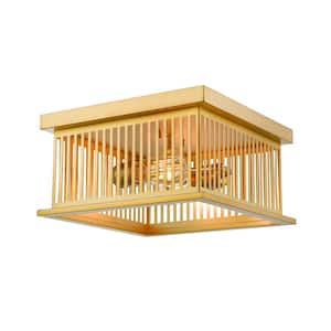 Camellia 12 in. 2-Light Brass Flush Mount Light with Brass Steel Shade with No Bulbs Included
