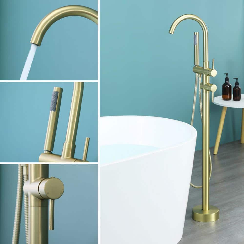 Brushed Gold Freestanding Tub Filler Faucet with Hand Shower