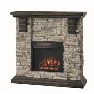 Highland 40 in. Freestanding Faux Stone Electric Fireplace TV Stand in Gray with Mantel