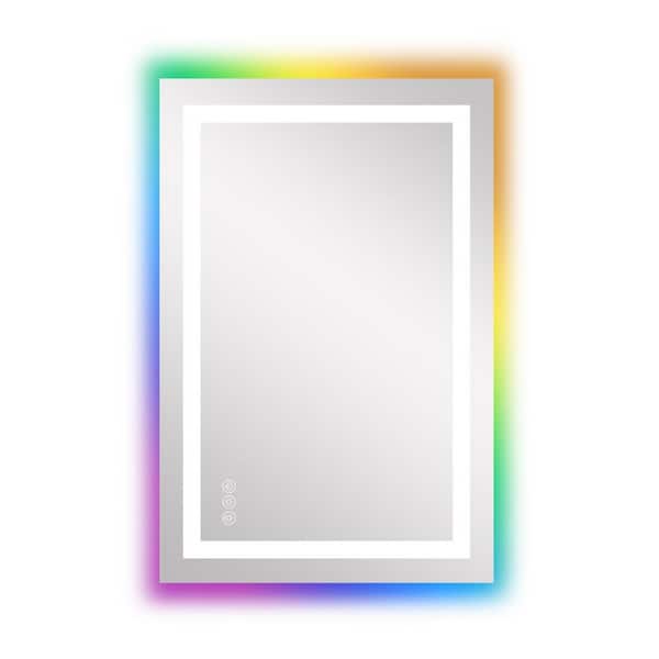 WELLFOR 20 in. W x 28 in. H RGB Rectangular Frameless Anti-Fog Wall Mounted Bathroom Vanity Mirror