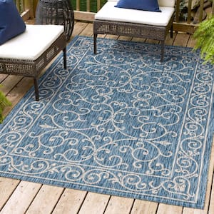 Charleston Vintage Filigree Navy/Gray 3 ft. 1 in. x 5 ft. Textured Weave Indoor/Outdoor Area Rug