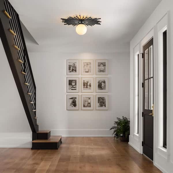 Theresa 23.6 in. 1-Light Mid-Century Modern Black Semi-Flush Mount Light with Milky-White Frosted Glass Globe Shade