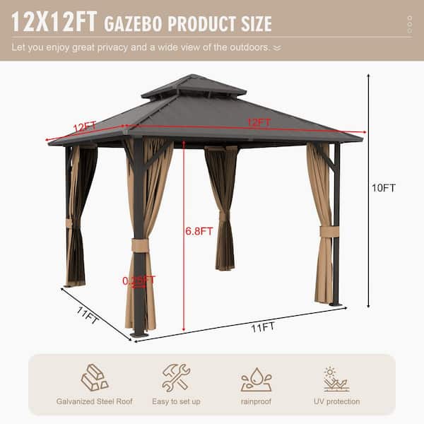 12 ft. x 12 ft. Aluminum Hardtop Gazebo with Double Galvanized Steel Roof, Netting and Curtains for Patio and Backyard