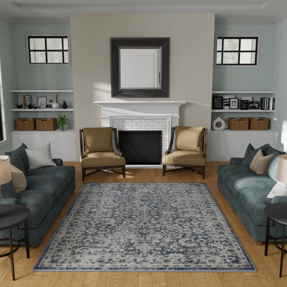 Rectangular 9' x 12' Blue Floral Synthetic Area Rug