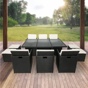 Black 11-Piece Wicker Outdoor Dining Set With Beige Cushions and Ottomans