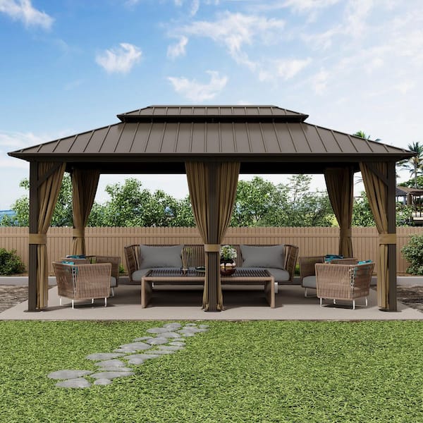 12 ft. x 18 ft. Double Galvanized Steel Roof Aluminum Frame Outdoor Patio Hardtop Gazebo with Netting and Curtains