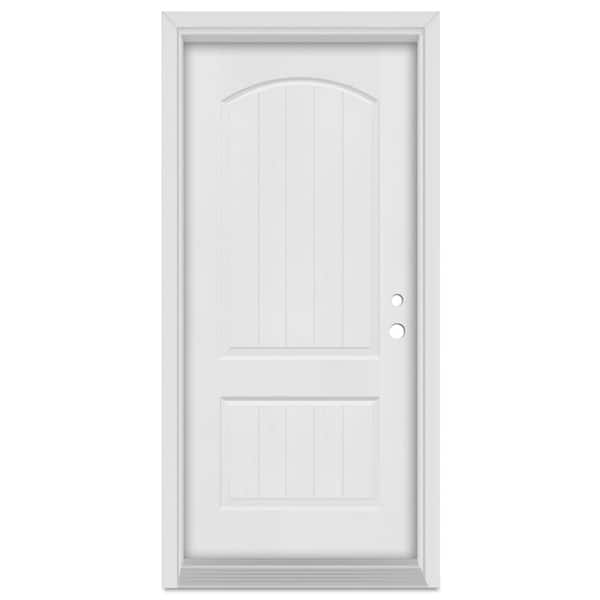 Stanley Doors 36 in. x 80 in. Infinity Left-Hand 2 Panel Cambertop Finished Fiberglass Mahogany Woodgrain Prehung Front Door