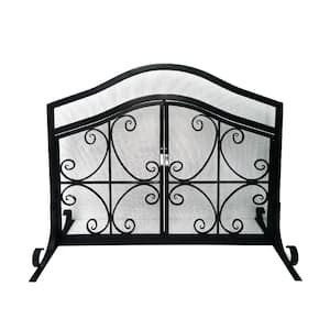 Black Iron Scrollwork 1-panel Fireplace Screen with 2 Door and Mesh Design