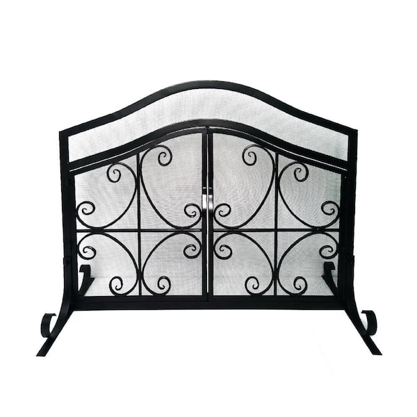 THE URBAN PORT Black Iron Scrollwork 1-panel Fireplace Screen with 2 Door and Mesh Design