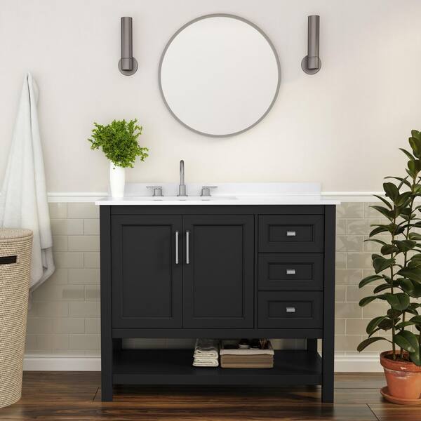 Vega 42 in. Black Bathroom Vanity with Sink, Cabinet, Open Shelf, 3 Drawers, White Faux Carrera Marble Stone Countertop