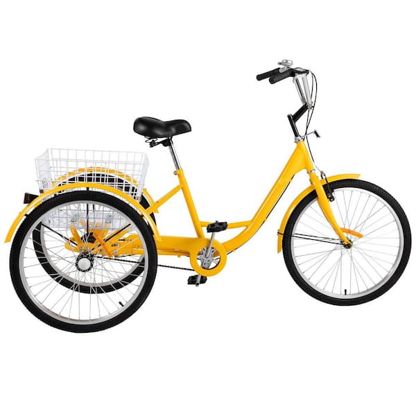 SKYSHALO Yellow Adult Tricycle 24 in. 1-Speed 3 Wheel Bikes, Foldable Adult Tricycle Adjustable Bike Trike, Cruise Bike Seat