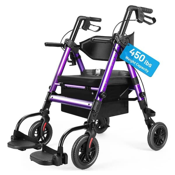 4-Wheel Rollator Walker w/ Seat in Purple Foldable Rolling Walker Wheelchair Combo, Adjustable Transport Chair, 450 lbs.