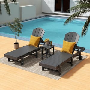 Laguna 3-Piece Outdoor Patio Adjustable HDPE Reclining Adirondack Chaise Lounger with Wheels, Side Table Set, Gray