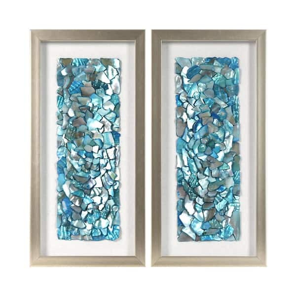 2-Piece Rectangle Coastal Wall Art Set Aqua & Teal Sea Glass Shell Shadowbox Framed Home Decor Bath 17.62 in. x 8.62 in.
