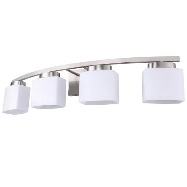 33.5 in. 4-Light Nickel Modern Square Vanity Light for Bathroom, Bedroom with Curved Arms and Milk White Glass Shades