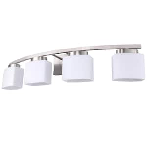 41 in. 5-Light Nickel Modern Square Vanity Light for Bathroom, Bedroom with Curved Arms and Milk White Glass Shades