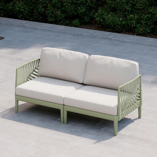 Frond and Form Outdoor Patio Deep Seating Green Poly Plastic All Weather Sofa with Ivory Cushions