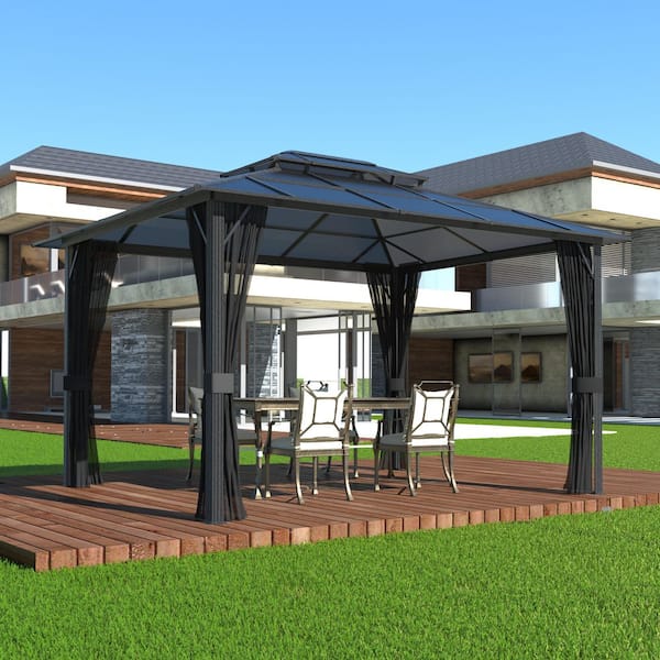 VEIKOUS 13 ft. x 10 ft. Polycarbonate Double Top Gazebo with Black Netting