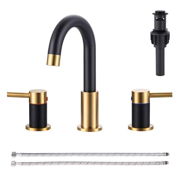 8 in. Widespread Double Handle Bathroom Faucet 360 ° Swivel Stainless Steel in Black and Gold