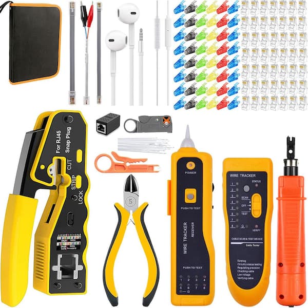 104-Piece Network Crimp Tool Kit RJ45 RJ11 RJ12 Cat5 Cat5e Cat6 Pass Through Connectors Tester Cutter Orange